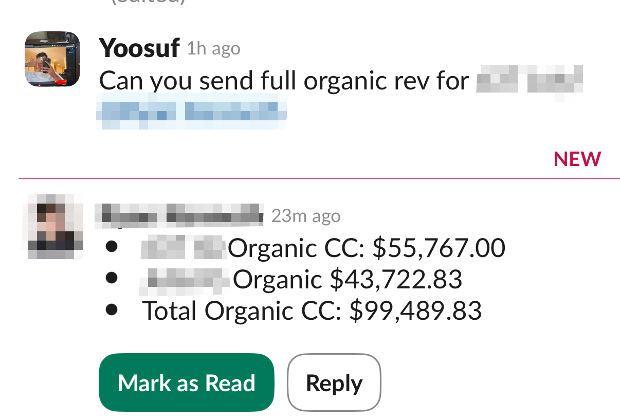 Client report showing organic revenue contribution