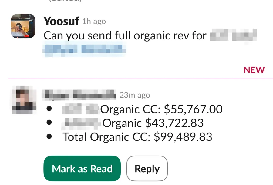 Client report showing organic revenue contribution